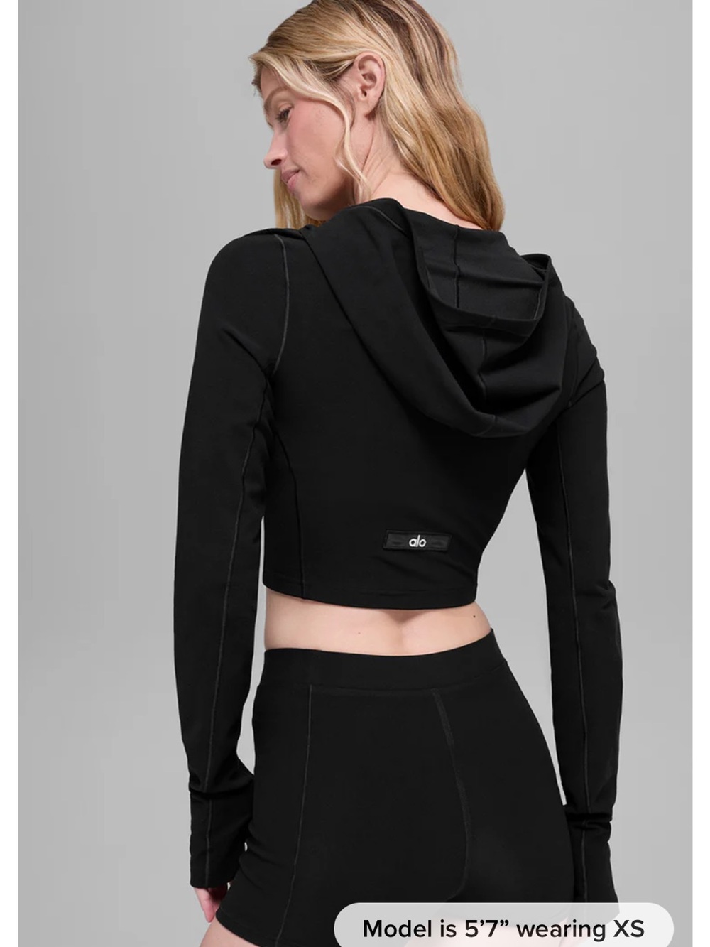 ALO Yoga Black Cropped Zip Hoodie with Thumbhole Cuffs L NWT